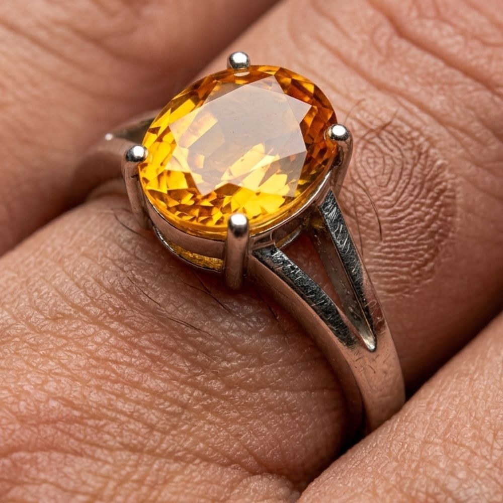 Pukhraj 10.25 Ratti (Yellow Sapphire Look) Gemstone Ring for Men Crystal Sapphire Silver Plated Ring-image-8