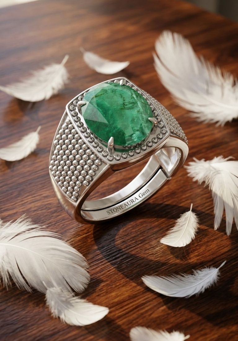 stoneaura Emerald Panna gemstone|Adjustable ring|A+quality stone ring for men&women ‎ Brass Emerald Silver Plated Ring-picture-11
