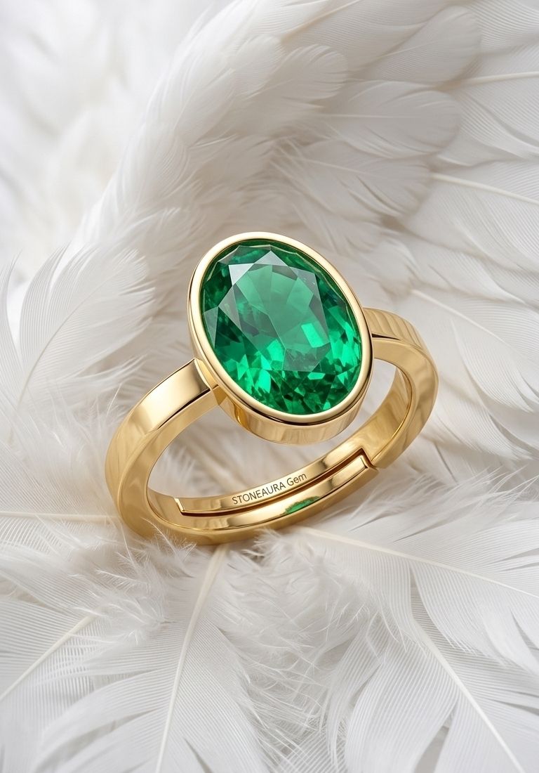 stoneaura Emerald Panna gemstone|Adjustable ring|A+quality stone ring for men&women ‎ Brass Emerald Gold Plated Ring-picture-7