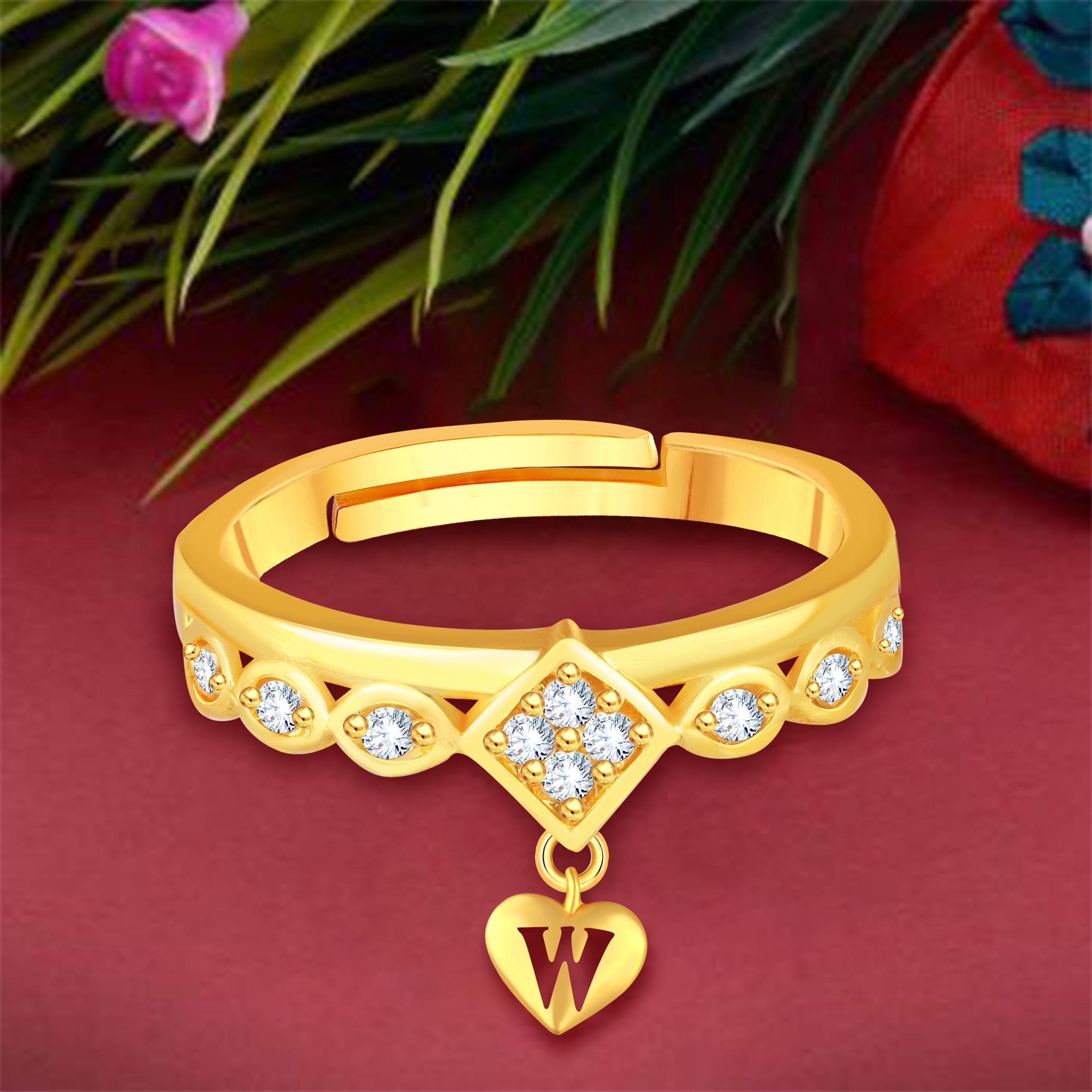 New Hanging Letter W Cubic Zirconia Valentine Love Ring alphabet Brass Brass Cubic Zirconia Gold Plated Ring-image-3