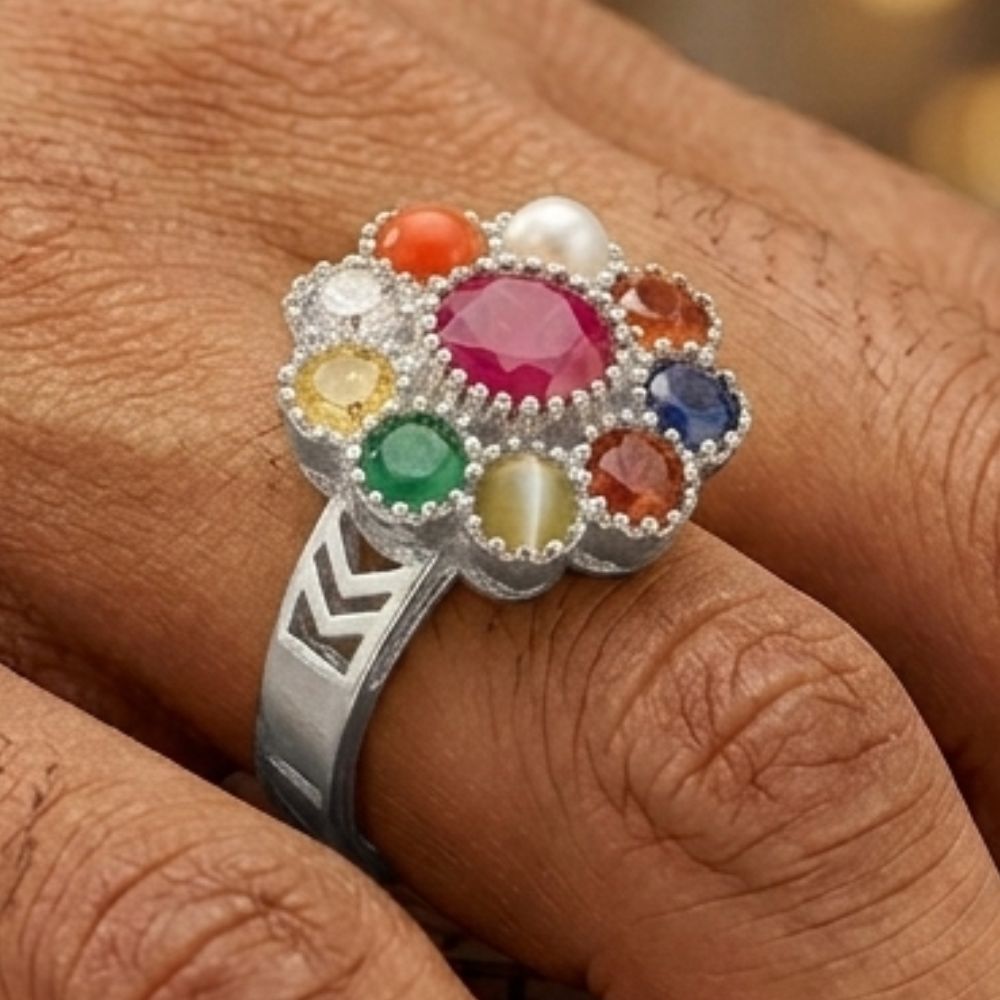 Navratna Gemstone Ring for Men & Women9 Stone Astrology Ring | Brass Ruby, Pearl, Coral, Emerald, Sapphire, Diamond, Cat's Eye Gold Plated Ring-image-34