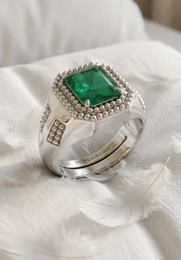 stoneaura Emerald Panna gemstone|Adjustable ring|A+quality stone ring for men&women ‎ Brass Emerald Silver Plated Ring-picture-16