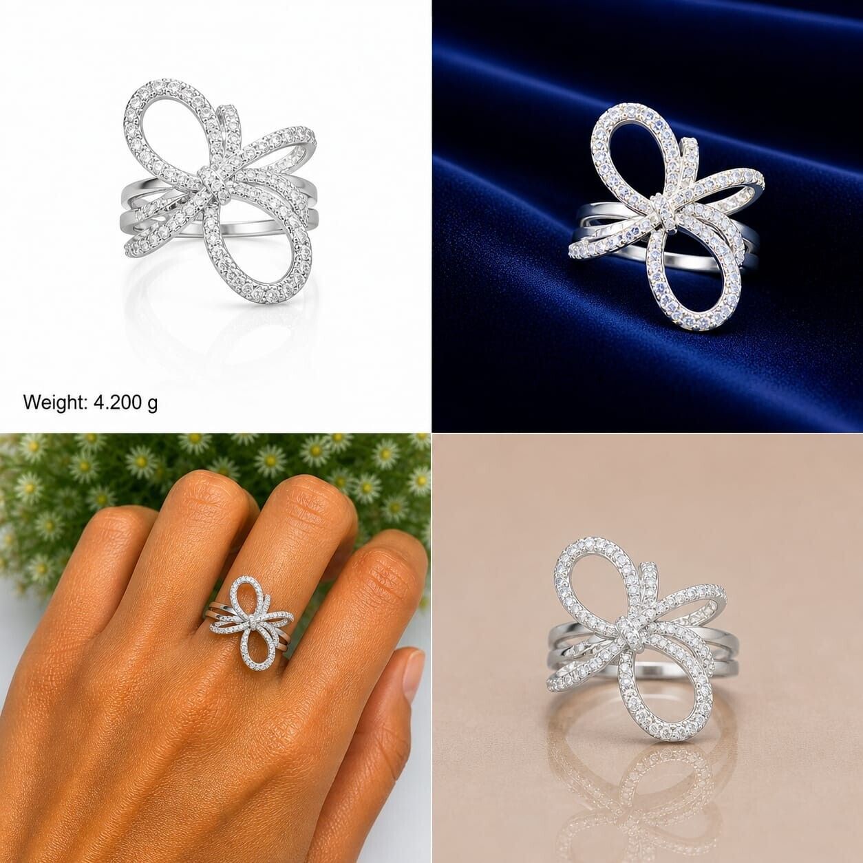 92.5 Sterling Silver Abstract Bow Knot Ring — Oversized Pavé Loop Statement Ring Sterling Silver Silver Plated Ring-image-26