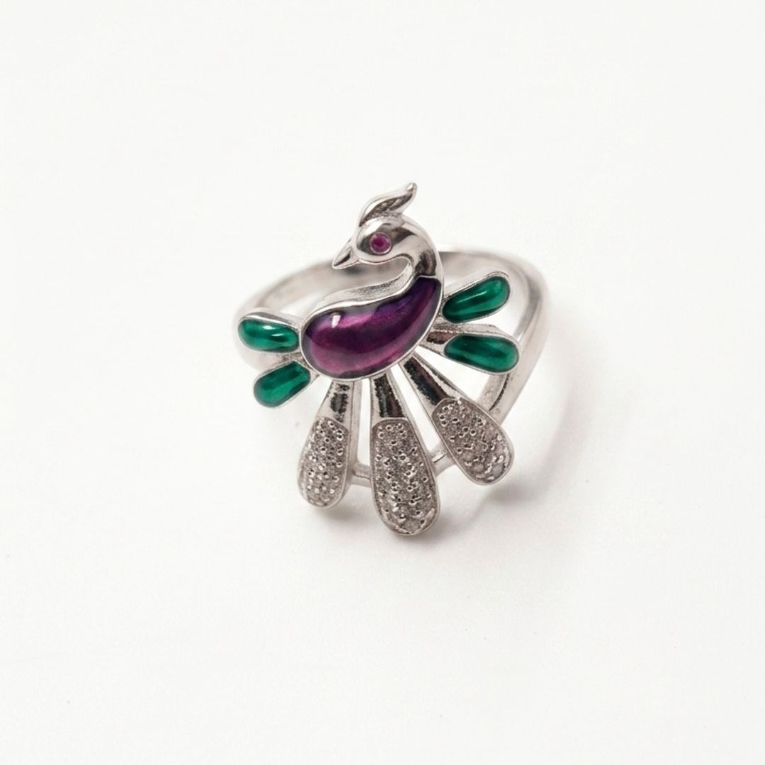 Peacock ring Silver Emerald, Amethyst, Cubic Zirconia Ring-image-30