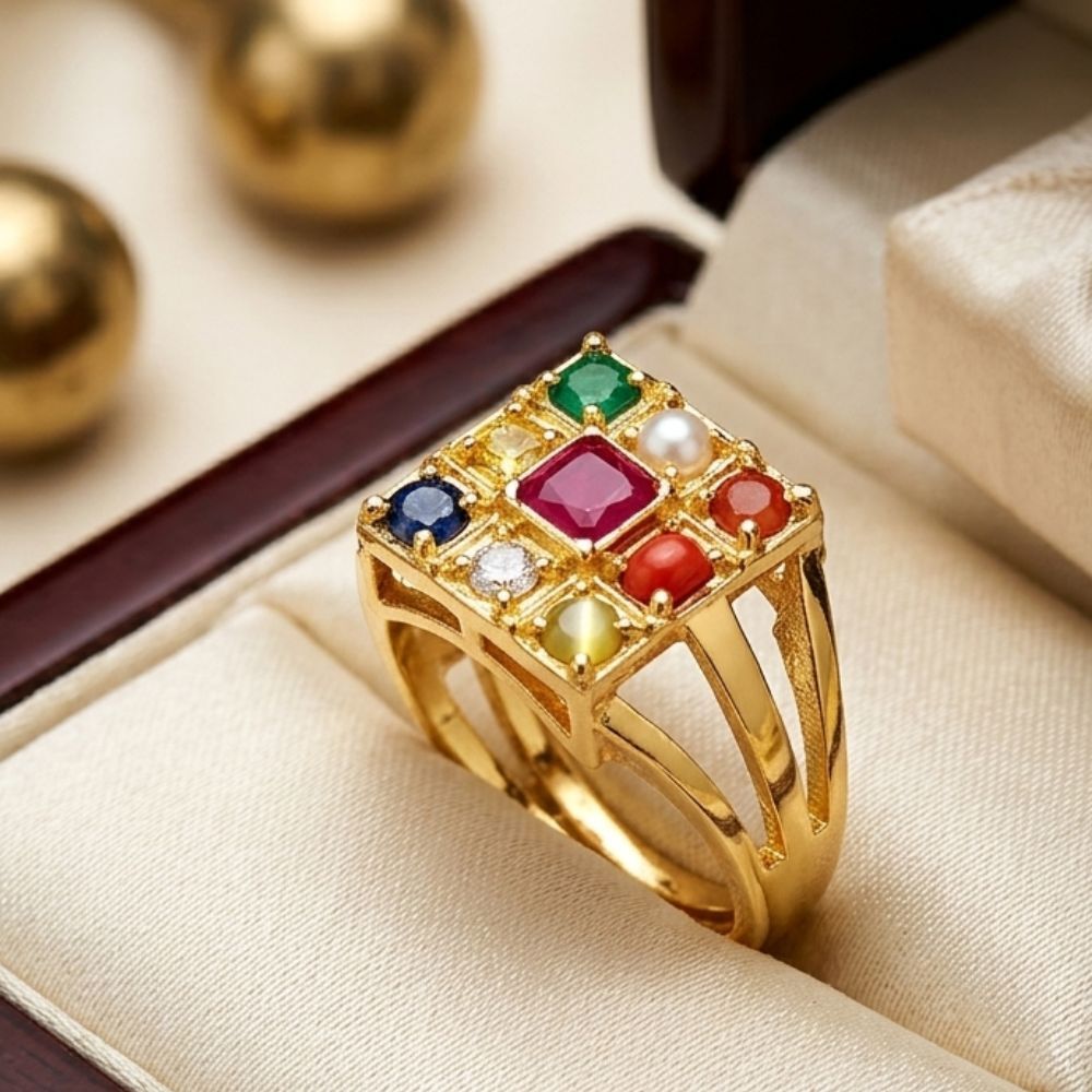 Navratna Gemstone Ring Adjustable Astrology Ring for Men & Women Brass Ruby, Pearl, Coral, Emerald, Sapphire, Diamond, Cat's Eye Gold Plated Ring-image-1