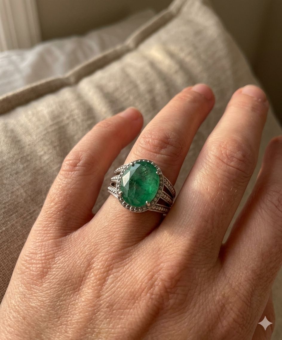 stoneaura Emerald Panna gemstone|Adjustable ring|A+quality stone ring for men&women Brass Emerald Silver Plated Ring-picture-10