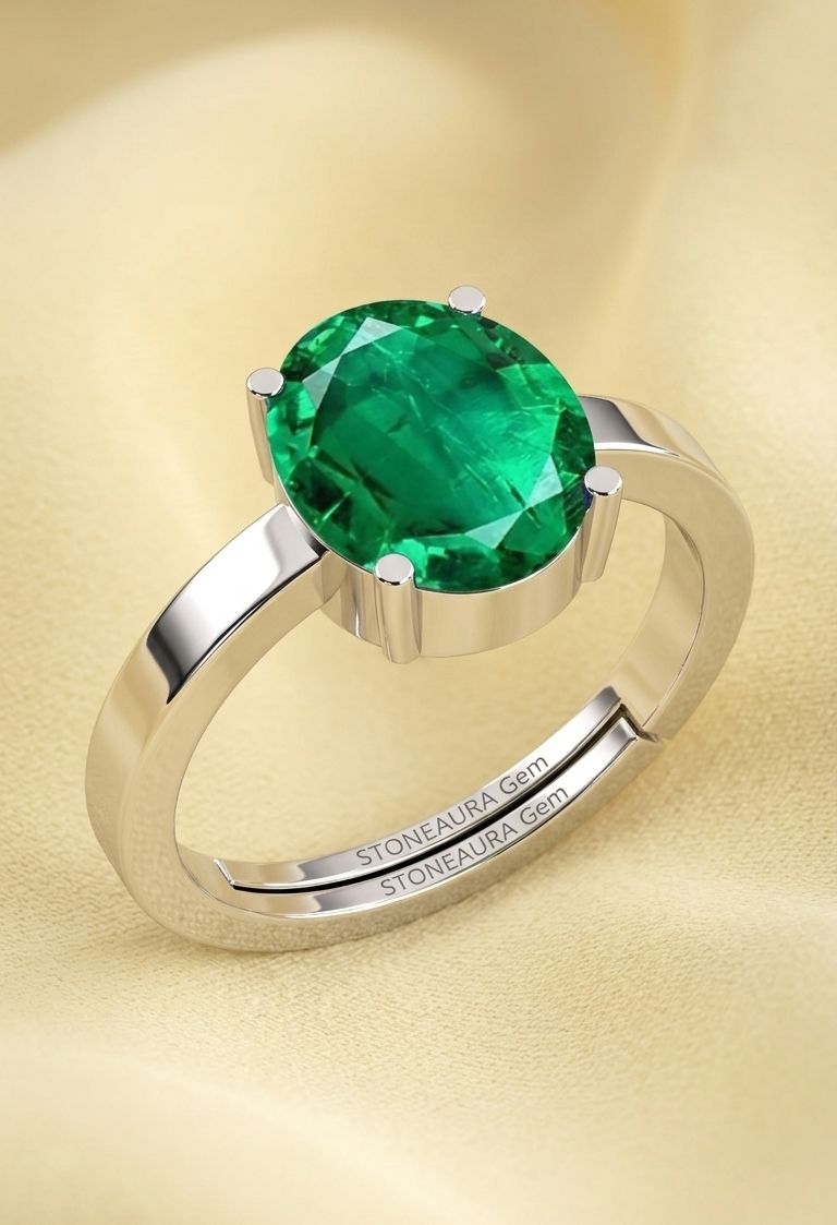 stoneaura Emerald Panna gemstone|Adjustable ring|A+quality stone ring for men&women Brass Emerald Silver Plated Ring-picture-6