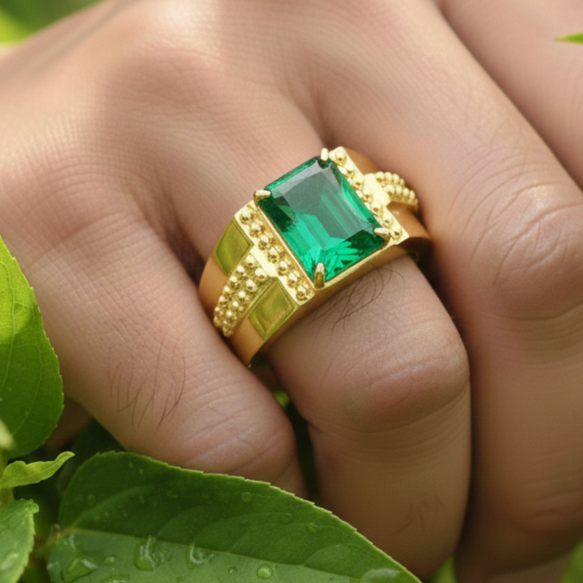 6.25 Ratti Panna Gemstone For Men's Certified Crystal Emerald Gold Plated Ring-image-1