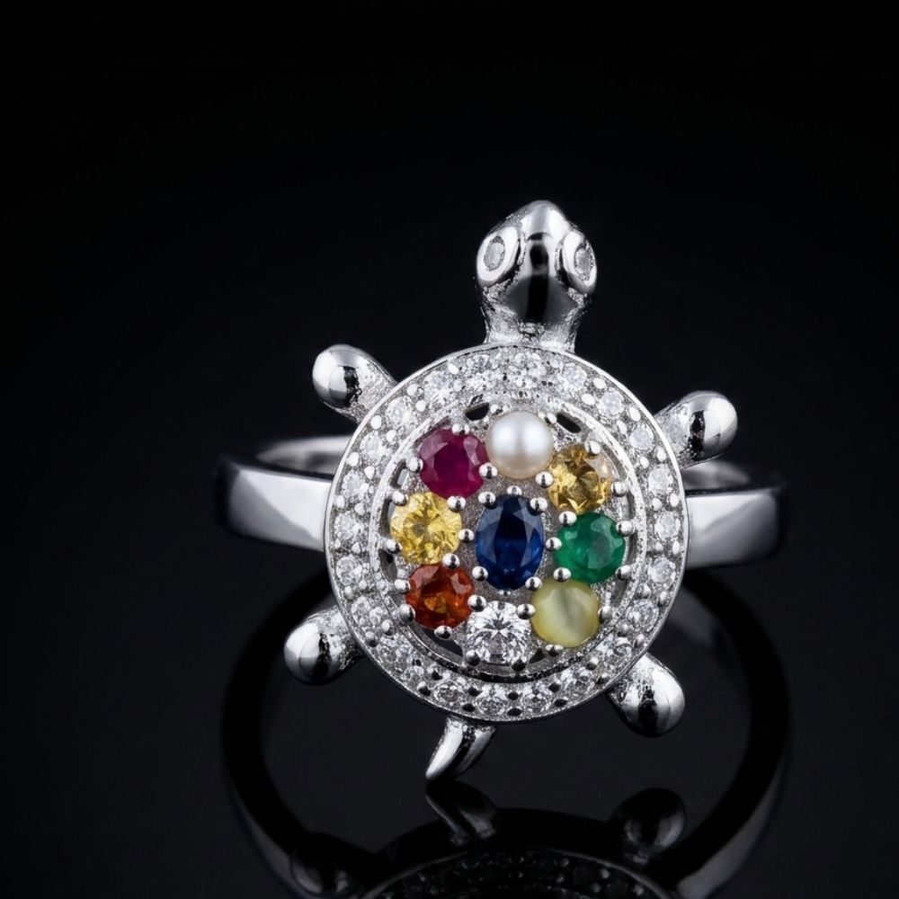 Navratna Ring for Men and Women - Adjustable Tortoise Ring with 9 Gemstones Brass, Crystal Cat's Eye, Coral, Cubic Zirconia, Diamond, Emerald, Pearl, Ruby, Sapphire Silver Plated Ring-image-46