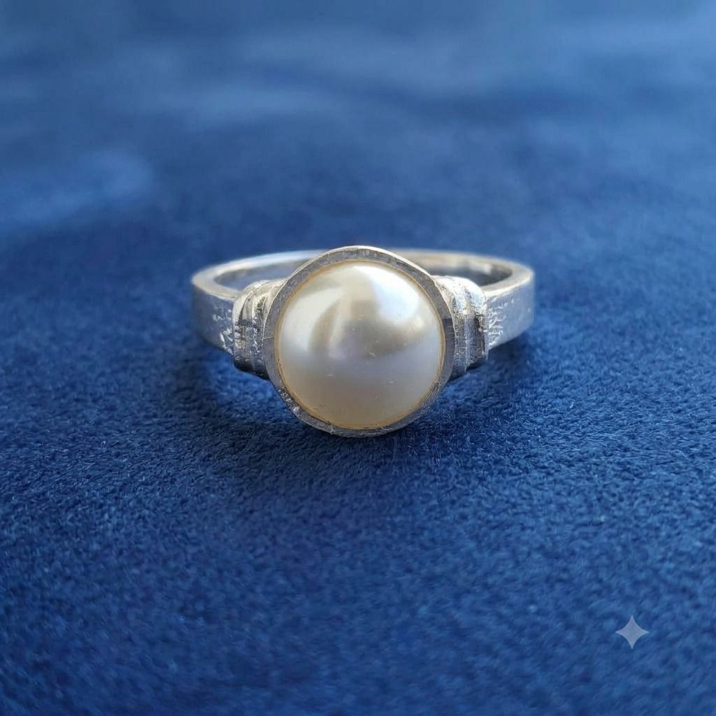 Pearl/Moti Stone Adjustable Ring For Men And Women Brass Pearl Silver Plated Ring-image-2