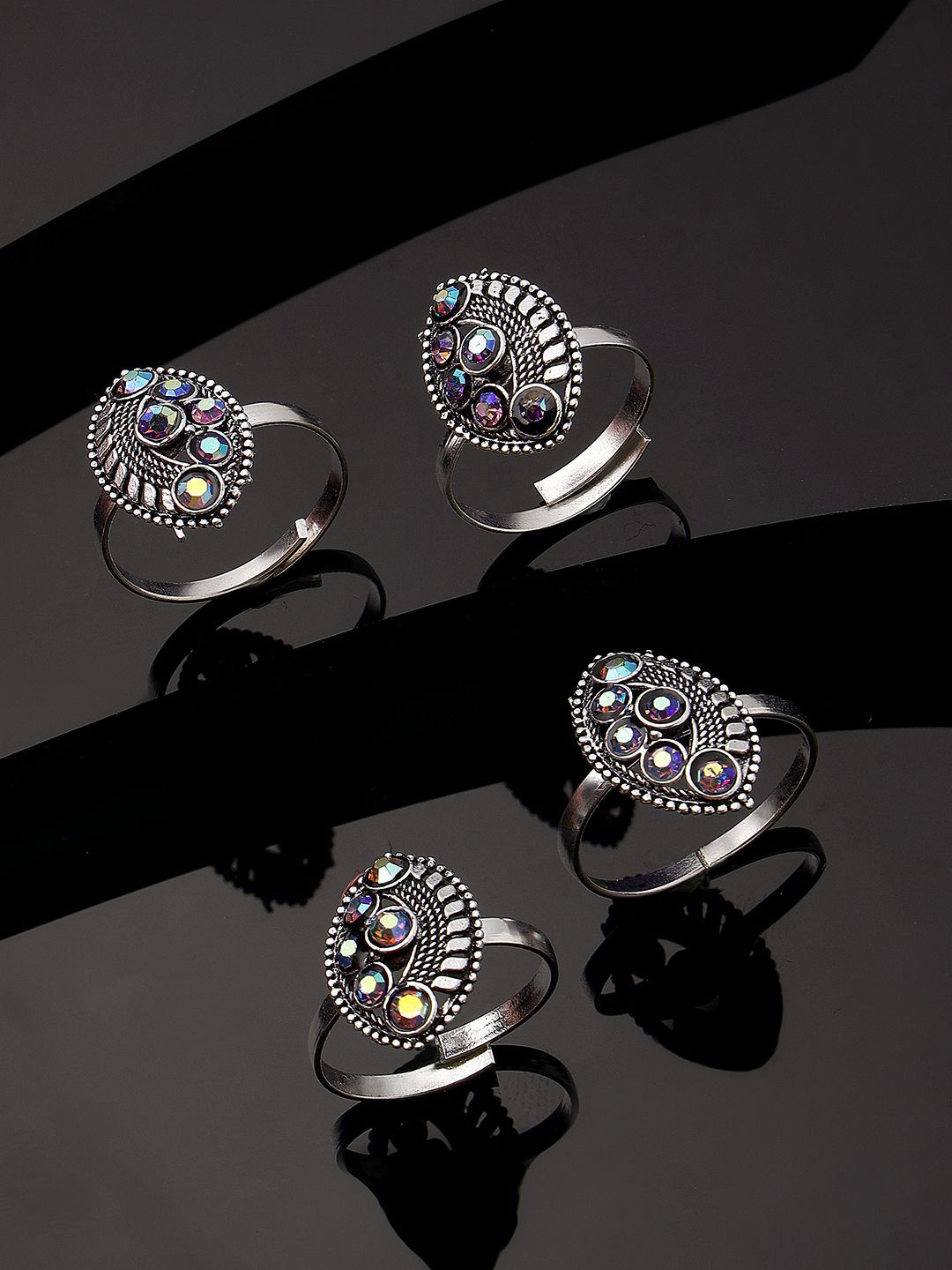 Set Of 4 Silver-Plated Cubic Zirconia Studded Toe Rings Sterling Silver Cubic Zirconia Silver Plated Toe Ring Set-image-25