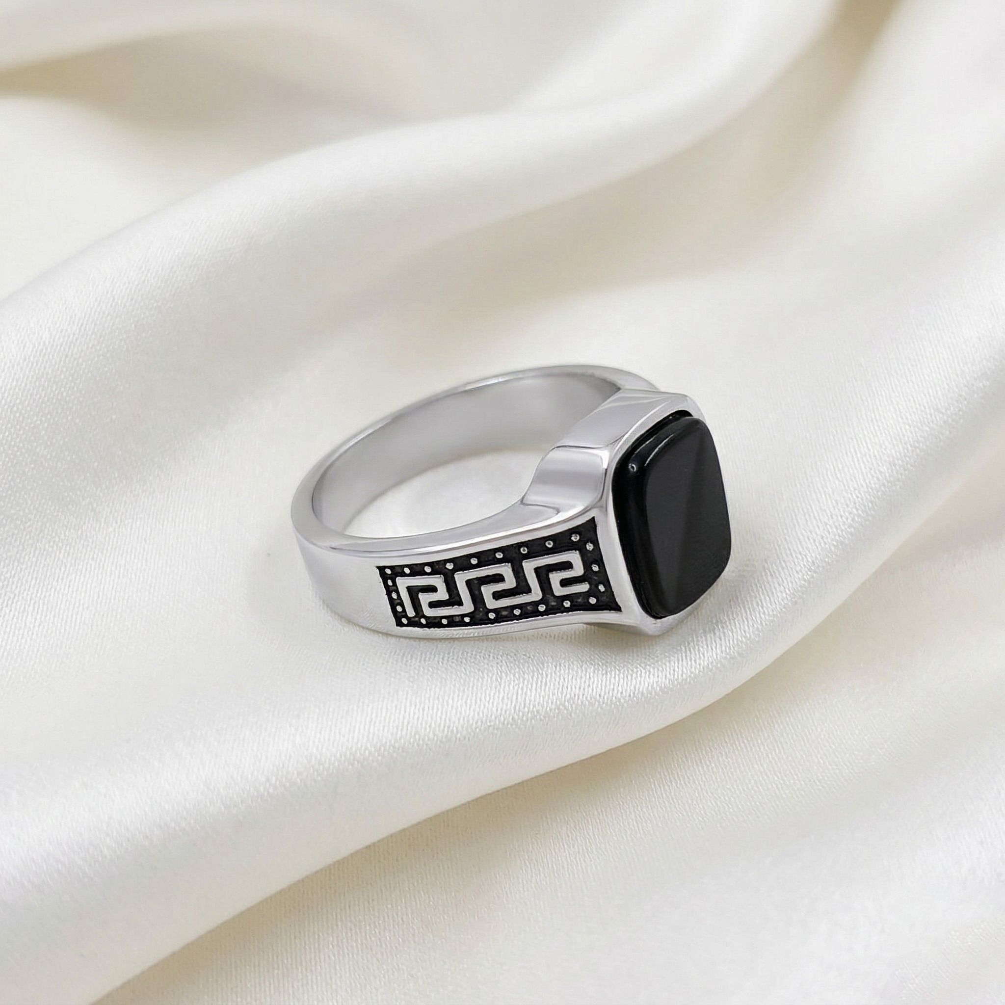 Classic Greek Pattern Black Stone Silver Tone Signet Ring for Men and Boys Alloy Silver Plated Ring-image-46