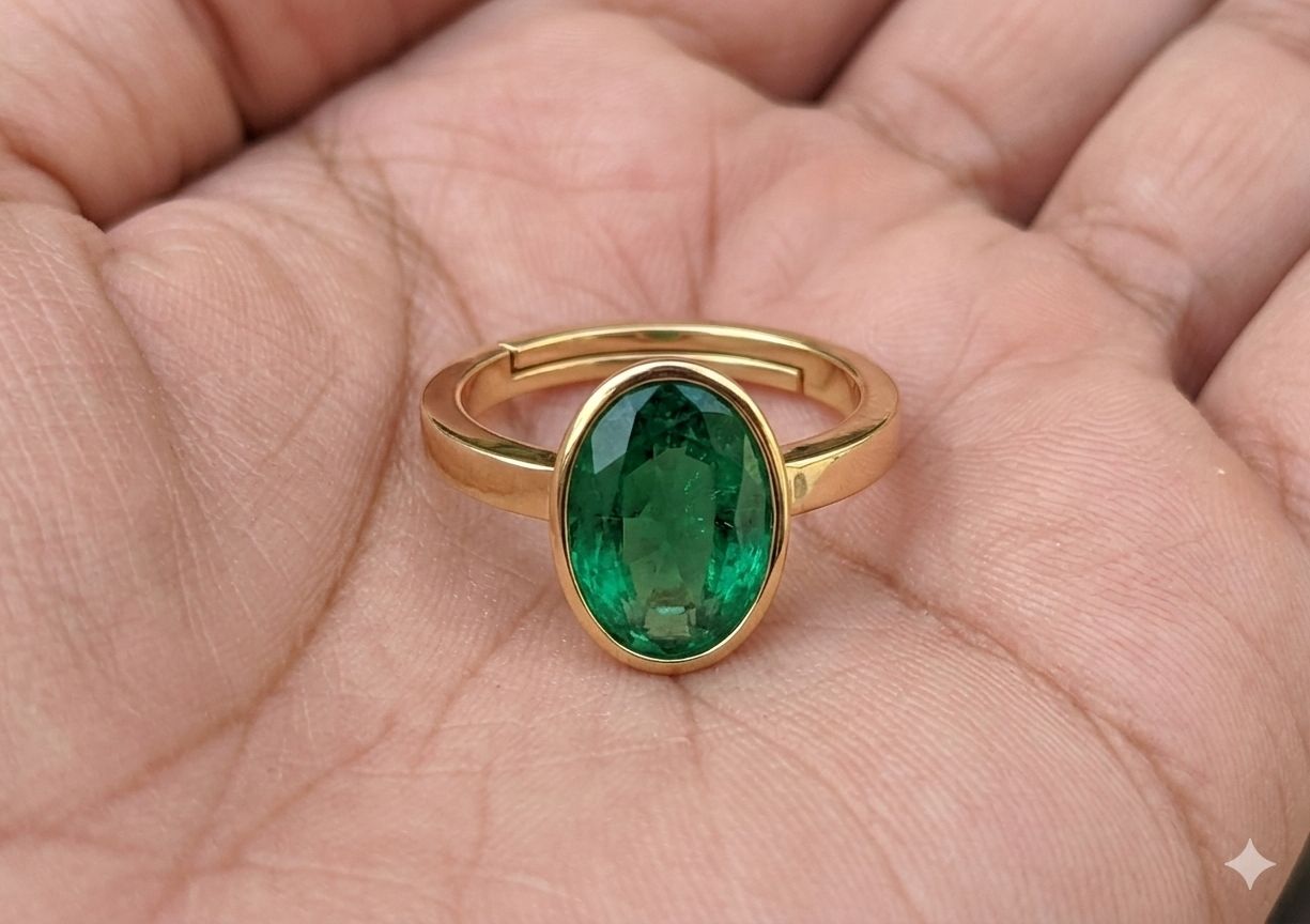 stoneaura Emerald Panna gemstone|Adjustable ring|A+quality stone ring for men&women ‎ ‎ Brass Emerald Gold Plated Ring-picture-8
