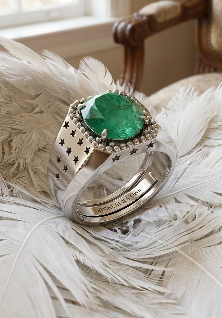 stoneaura Emerald Panna gemstone|Adjustable ring|A+quality stone ring for men&women Brass Emerald Silver Plated Ring-picture-3