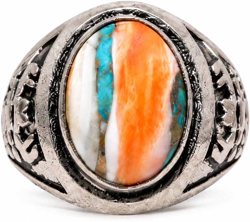 Multicolor Oval Stone Oxidised Statement Ring Silver, Alloy Turquoise Silver Plated Ring-image-28