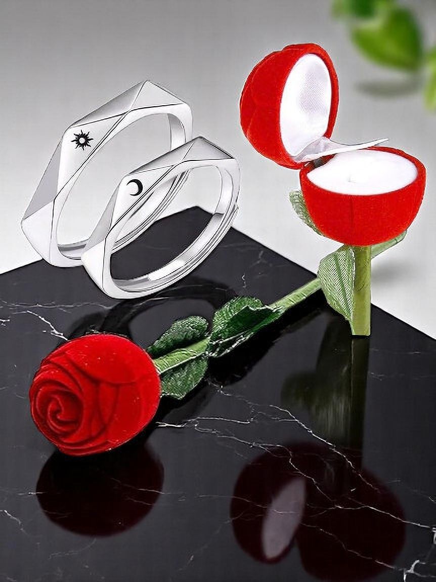 silverish Valentine Day Gift Sun Moon Couple Ring With Beautiful Red Rose Box Alloy Cubic Zirconia Platinum Plated Ring Set-picture-11