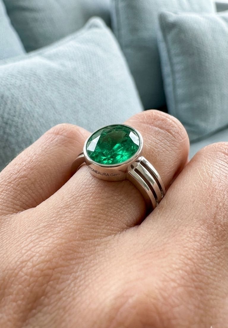 stoneaura Emerald Panna gemstone|Adjustable ring|A+quality stone ring for men&women ‎ Brass Emerald Silver Plated Ring-picture-1