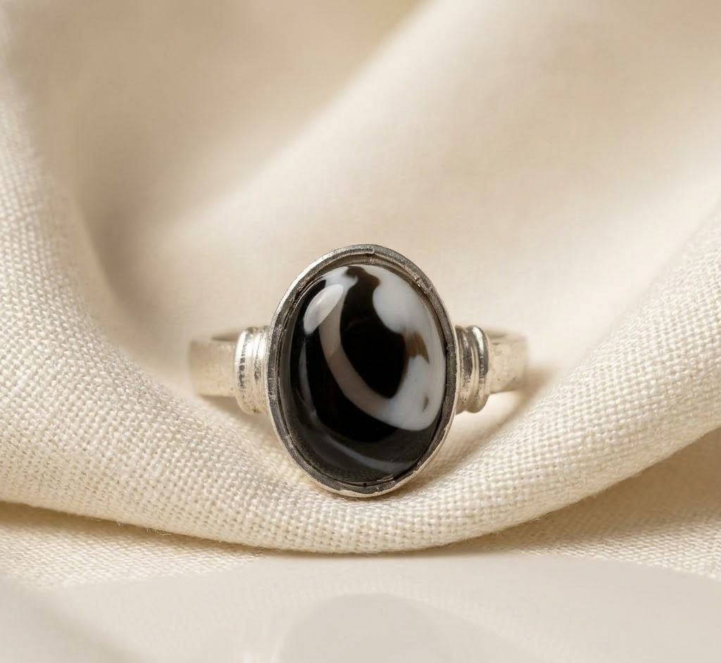 Black Hakik Stone Adjustable Ring For Men And Women Brass Agate Silver Plated Ring-image-48