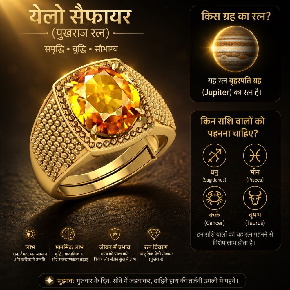 9.25 Ratti Men's Pukhraj Glass Stone Ring – Metal Textured Statement Ring Brass Sapphire Gold Plated Ring Set-image-18
