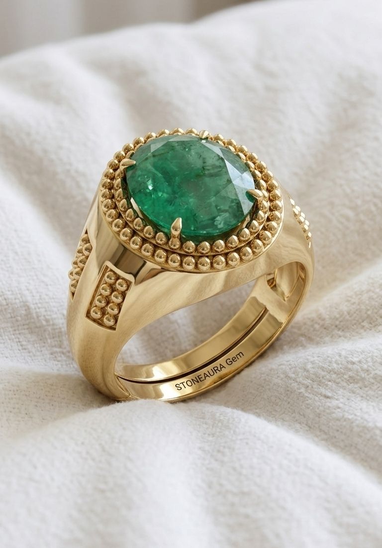 stoneaura Emerald Panna gemstone|Adjustable ring|A+quality stone ring for men&women ‎ Brass Emerald Gold Plated Ring-picture-15