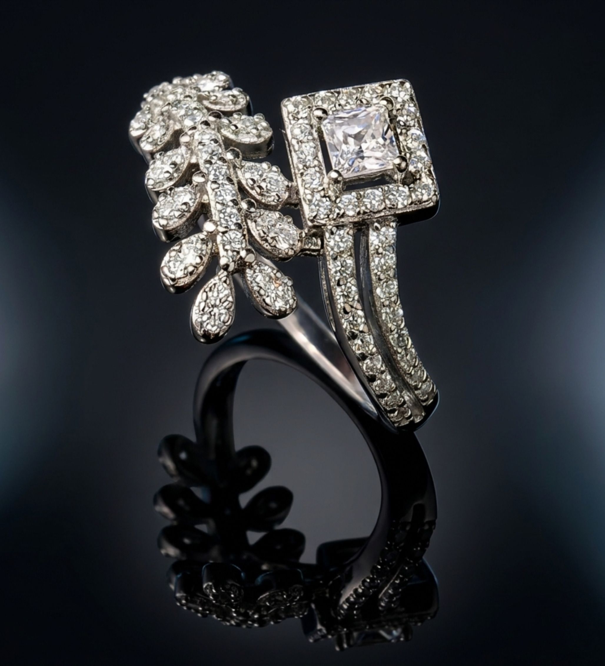 beena gems & jewellers 925 Silver Rhodium Plated Square Diamond Look Leaf Design Ring for Women Sterling Silver Cubic Zirconia Sterling Silver Plated Ring-picture-25