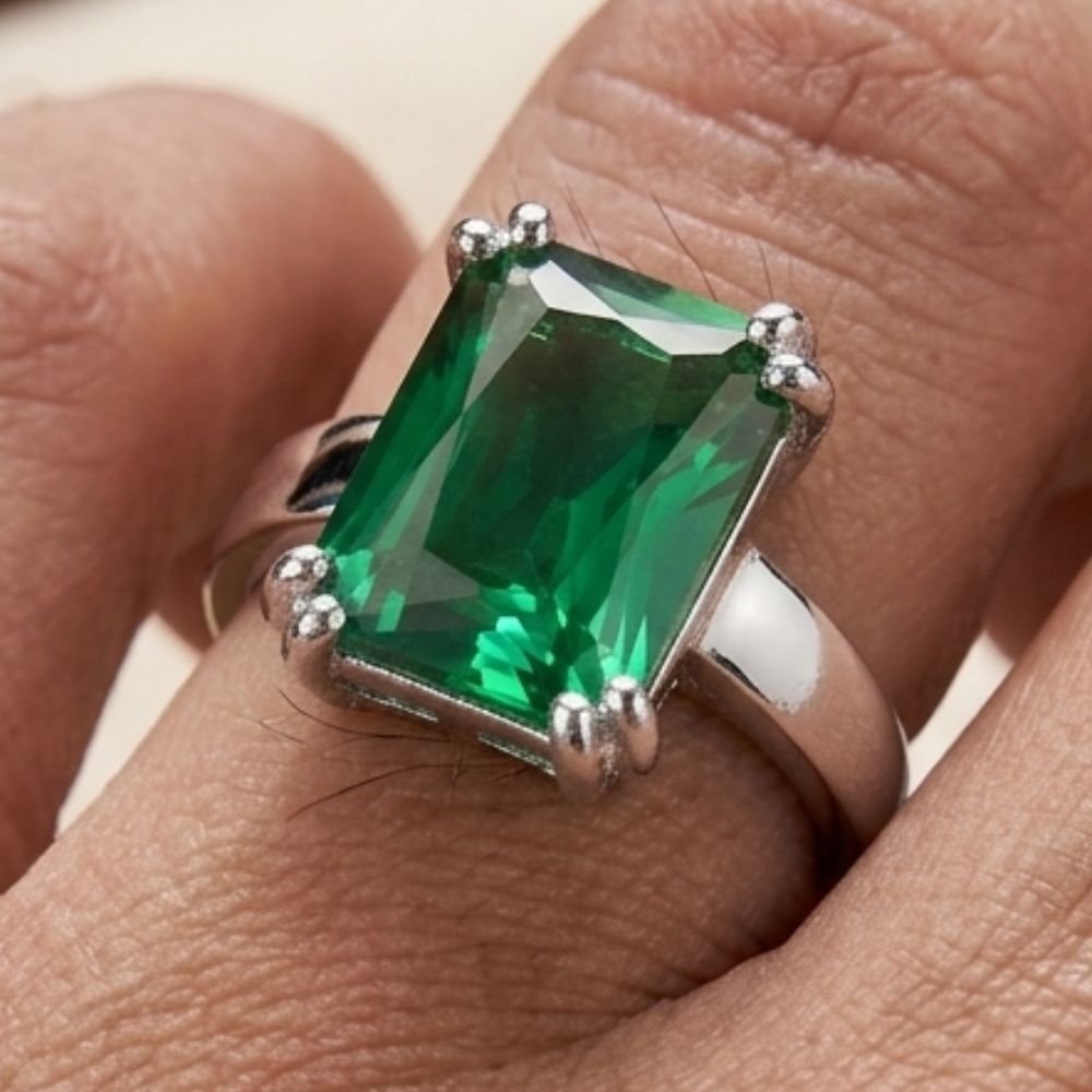 8.25 Ratti Panna Stone Ring for Men & Women | Rectangular Green Emerald Ring Brass, Alloy Emerald Silver Plated Ring-image-49