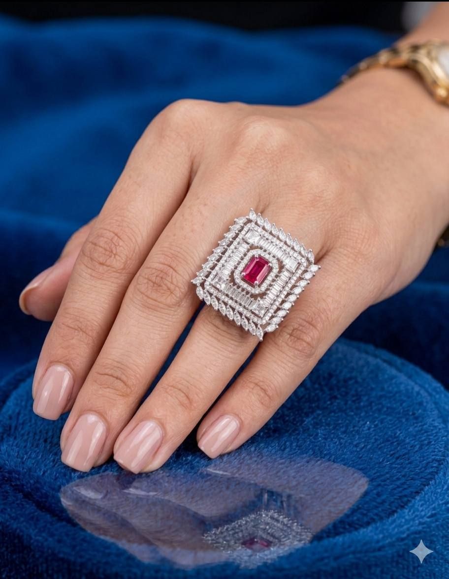 brass, silver ruby, cubic zirconia silver plated ring