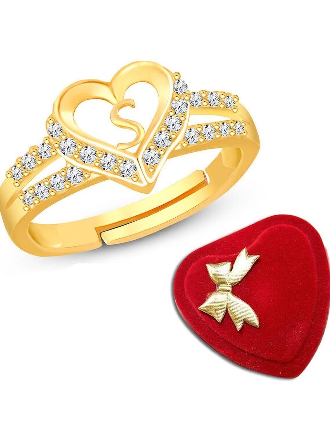 Heart Alphabet 'S' Valentine Promise Propose Engagement Wedding Anniversary Brass, Stainless Steel, Copper, Alloy Cubic Zirconia Gold Plated Ring-image-14