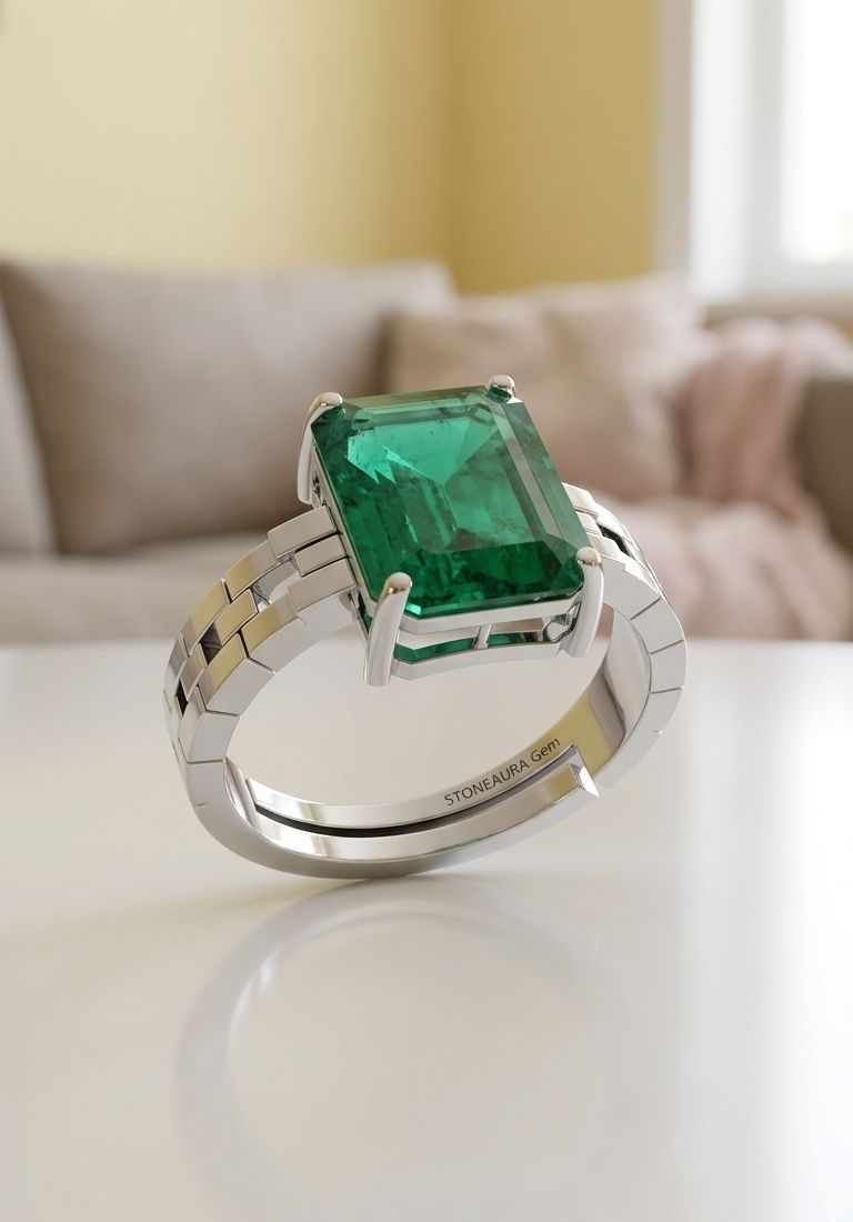 stoneaura ‎ ‎Emerald Panna gemstone|Adjustable ring|A+quality stone ring for men&women ‎ Brass Emerald Silver Plated Ring-picture-20