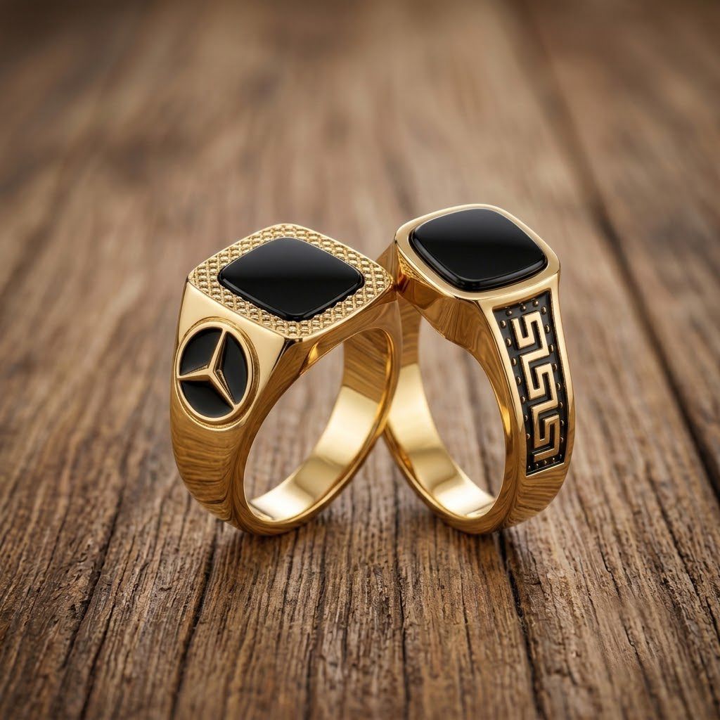 Bold Rectangular Black Gold Pack OF 2 Combo Signet Ring for Men and Boys Alloy Gold Plated Ring Set-image-42