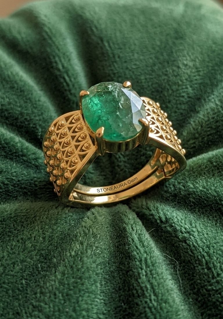 stoneaura Emerald Panna gemstone|Adjustable ring|A+quality stone ring for men&women ‎ ‎ Brass Emerald Gold Plated Ring-picture-18
