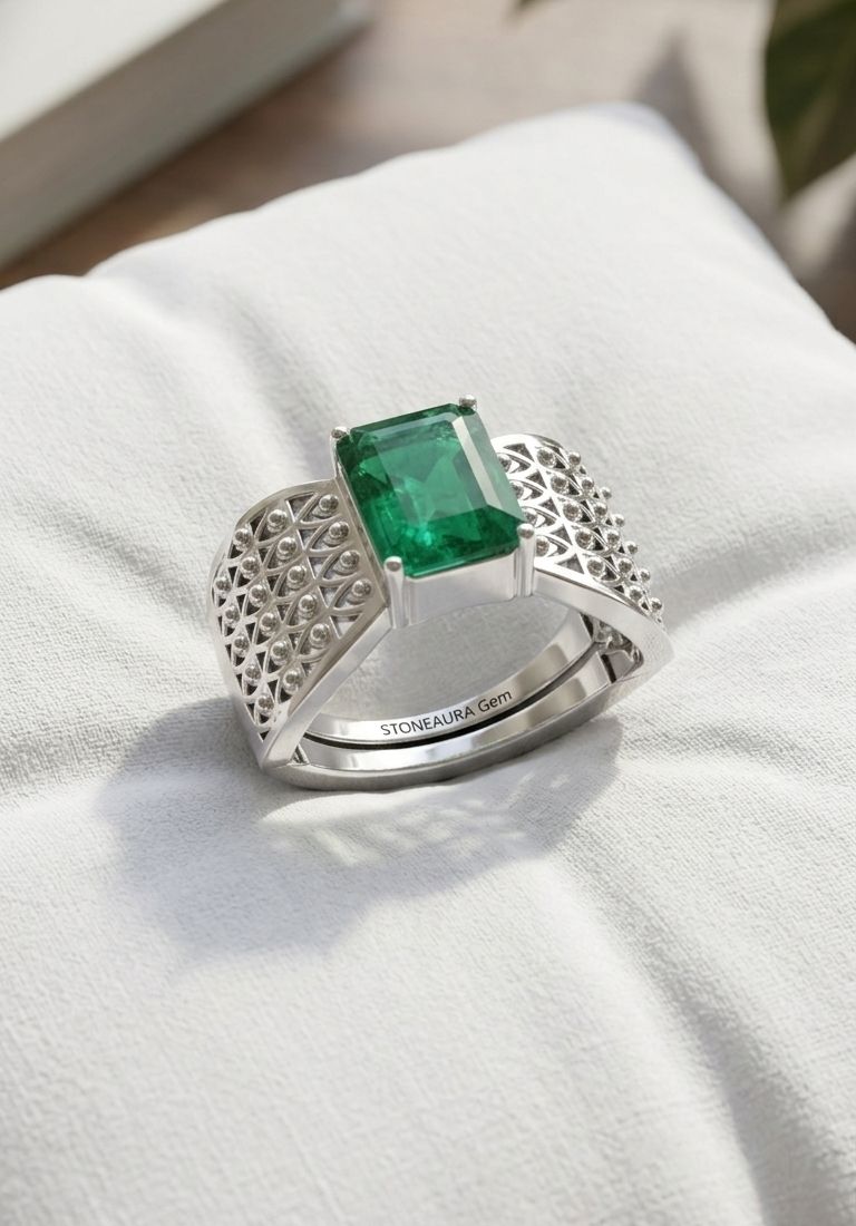 stoneaura Emerald Panna gemstone|Adjustable ring|A+quality stone ring for men&women ‎ Brass Emerald Silver Plated Ring-picture-21