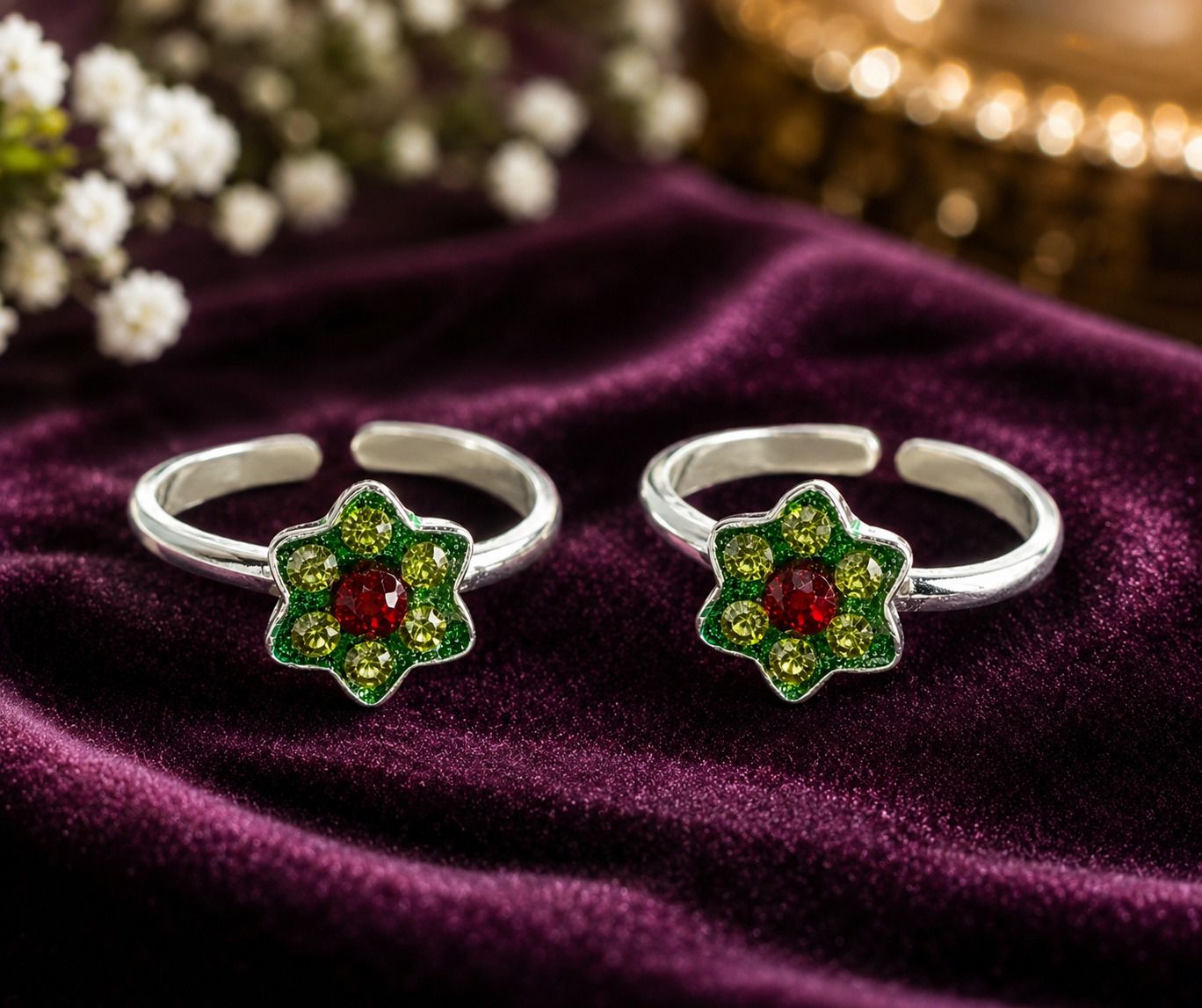 Floral Green & Maroon Stone Silver Zircon Toe Ring-image-3