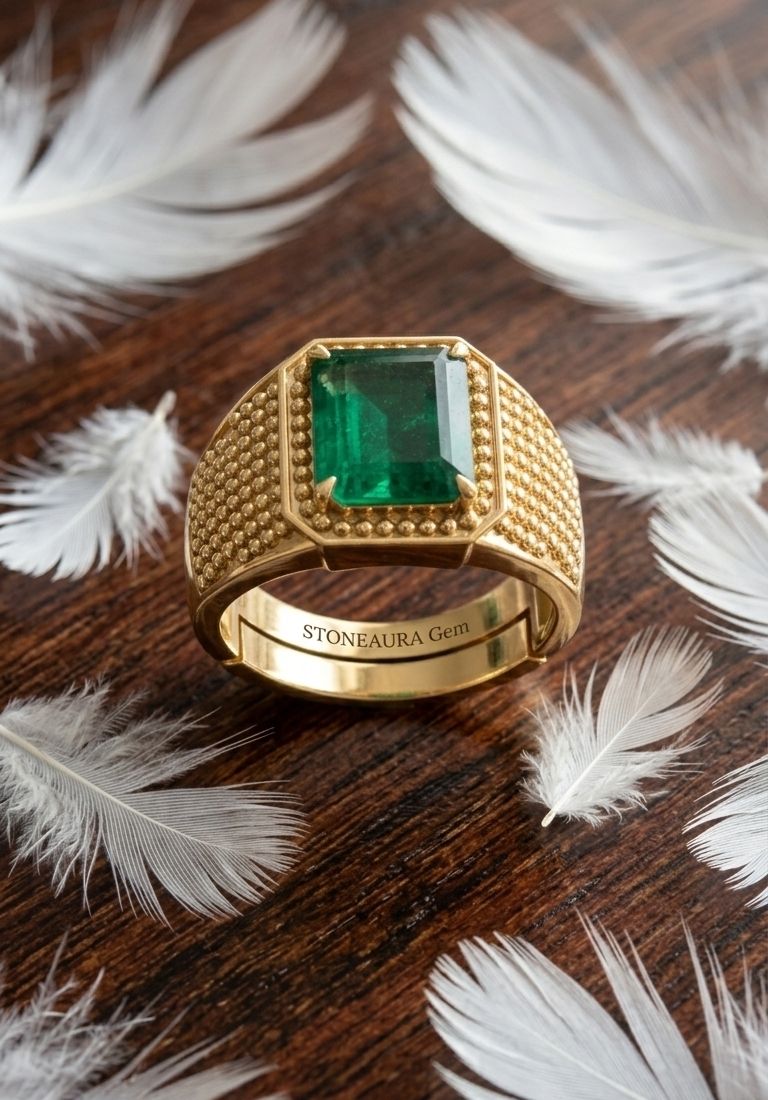 stoneaura Emerald Panna gemstone|Adjustable ring|A+quality stone ring for men&women Brass Emerald Gold Plated Ring-picture-5