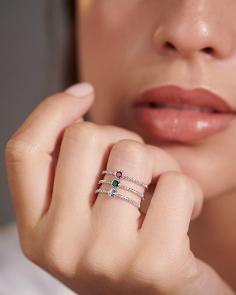 Gemstone and Lab-Created White Sapphire Triple Row Family Ring gold Sterling Silver Topaz, Emerald, Ruby Gold Plated Ring-image-17