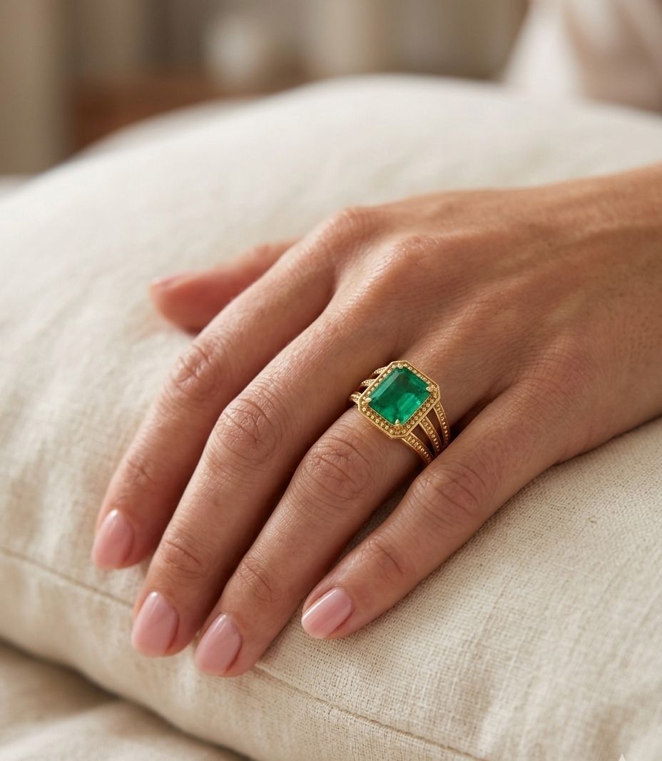 stoneaura Emerald Panna gemstone|Adjustable ring|A+quality stone ring for men&women ‎ Brass Emerald Gold Plated Ring-picture-4
