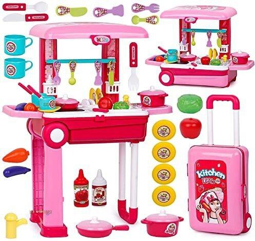 Kitchen Set for Kids Girls Big Cooking Set Light and Sound Portable Trolley Pretend Play Toys Battery Operated Toys for Girls (Pink Color)