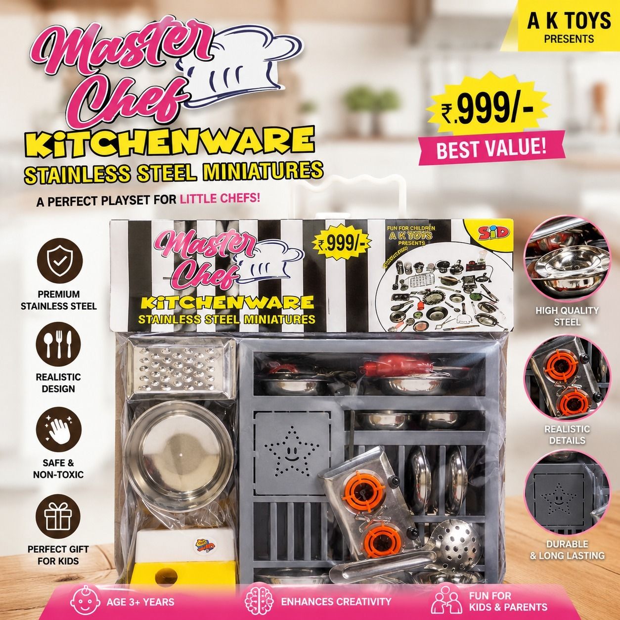 gautam toys Master Chef Stainless Steel Kitchen Play Set 35+ Pieces Cooking Toy Set-picture-23