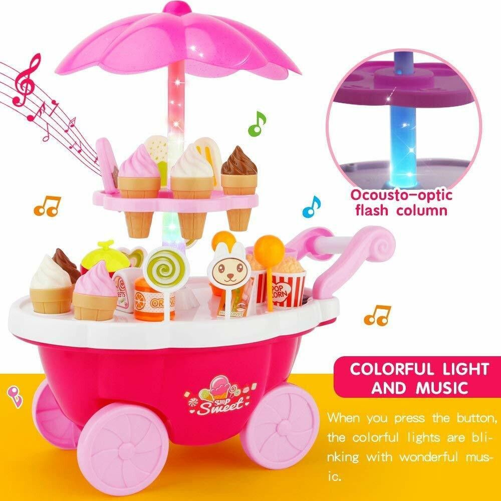 Luxury Sweet Shop Cart Kitchen Cart Battery Operated with Music & Led Lights Ice Cream Trolley Shop Set for Kids,(Pink 39 Pcs)
