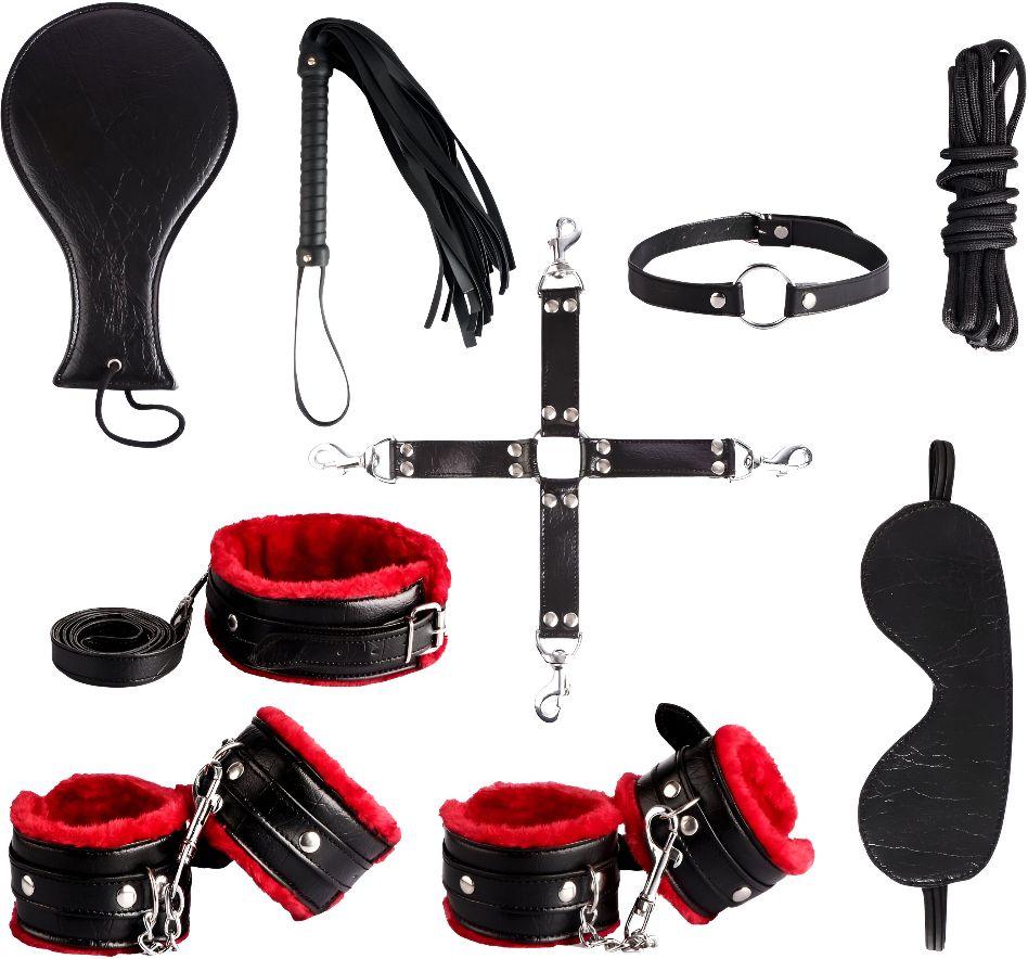 Handcuff Role Play Kit Red & Black – 9 Pcs Combo Set For Couples-image-27