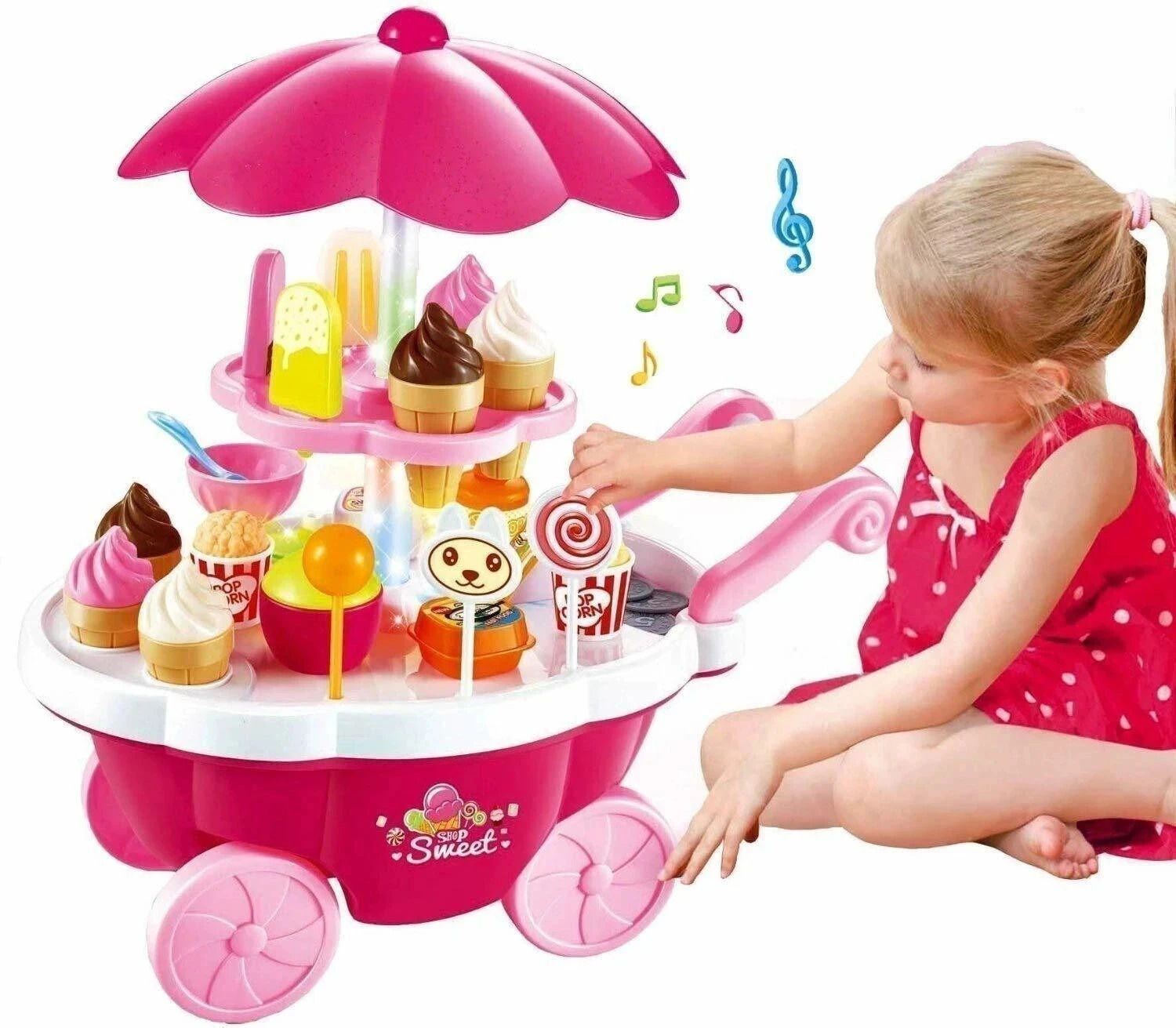 Kids Choice Kid's Plastic Ice Cream and Sweet Marketing Cart with Music Role Pretend Play Toy(39 Pcs Sweet Cart)