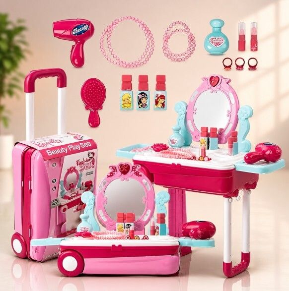 Kids Beauty Vanity Trolley Suitcase Makeup Play Set With Mirror Accessories-image-44