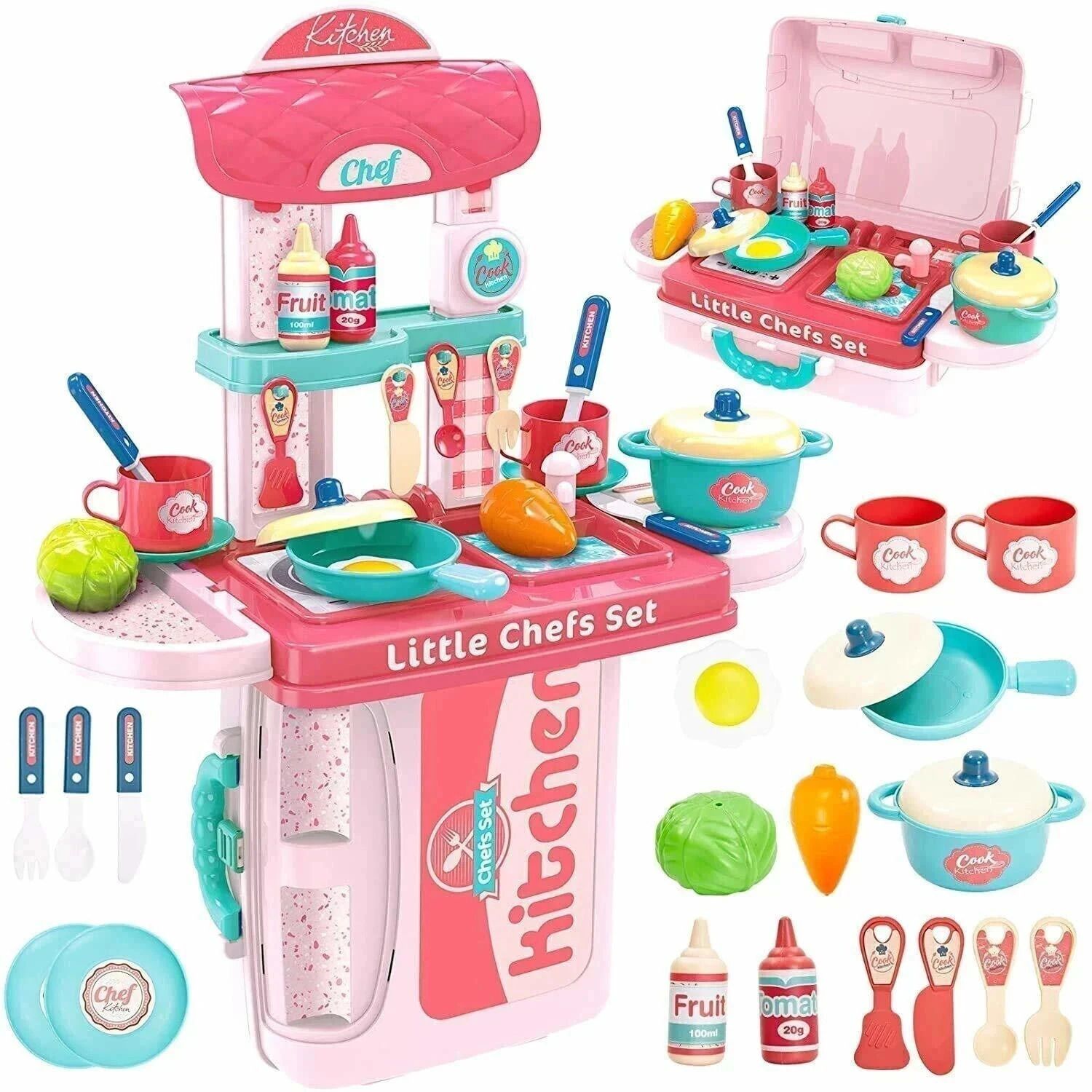 3 in 1 Kitchen Suitcase for Kids Mini Play Set Portable Cooking Toys for Girls