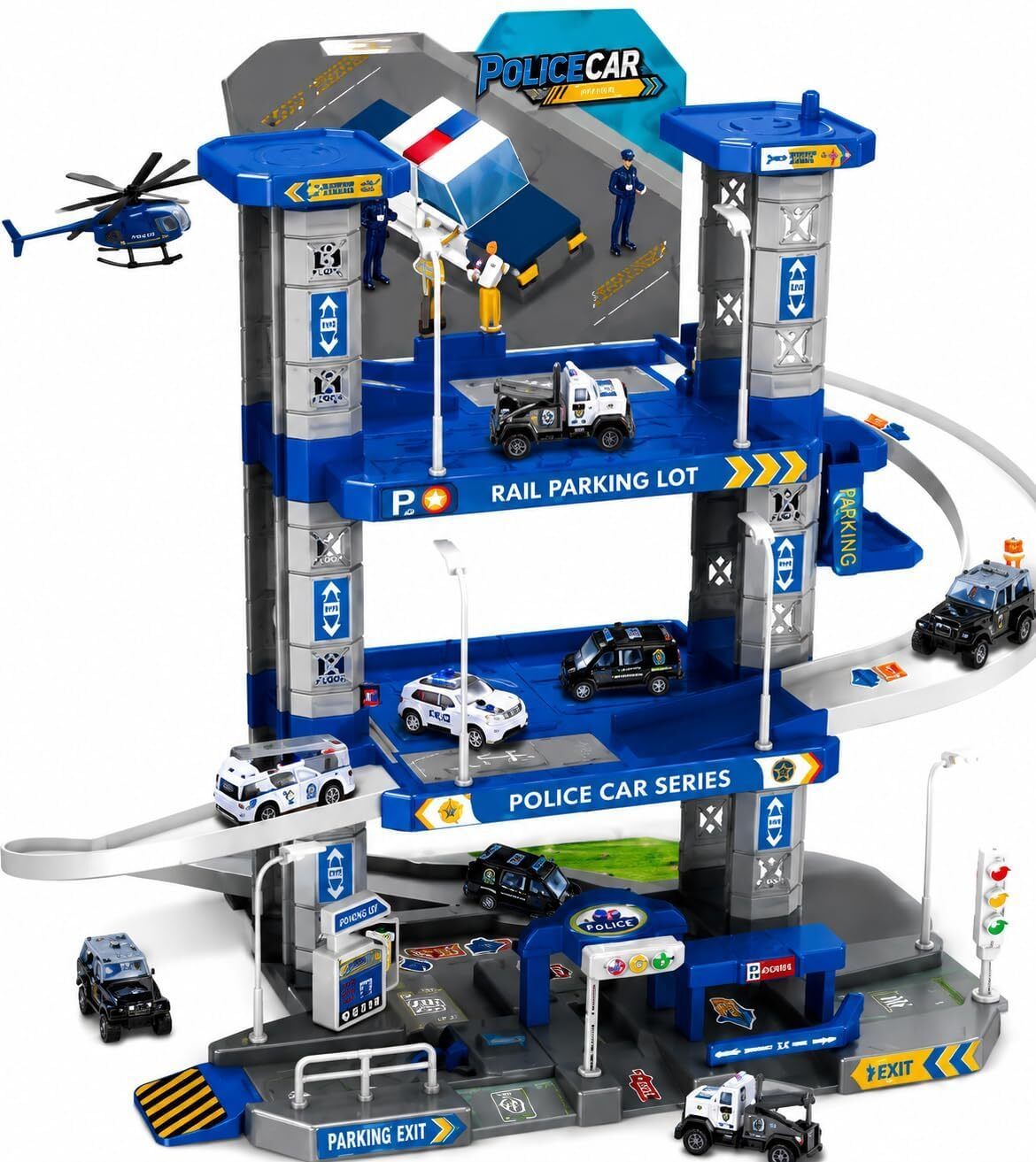 toiisweet Police Parking Garage Playset for Kids, Cars, Helicopter & Accessories-picture-20