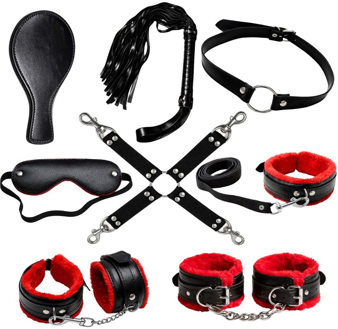 Handcuffs Red Black Roll Play Kit For Couple - 9 Pcs Combo Set-image-30