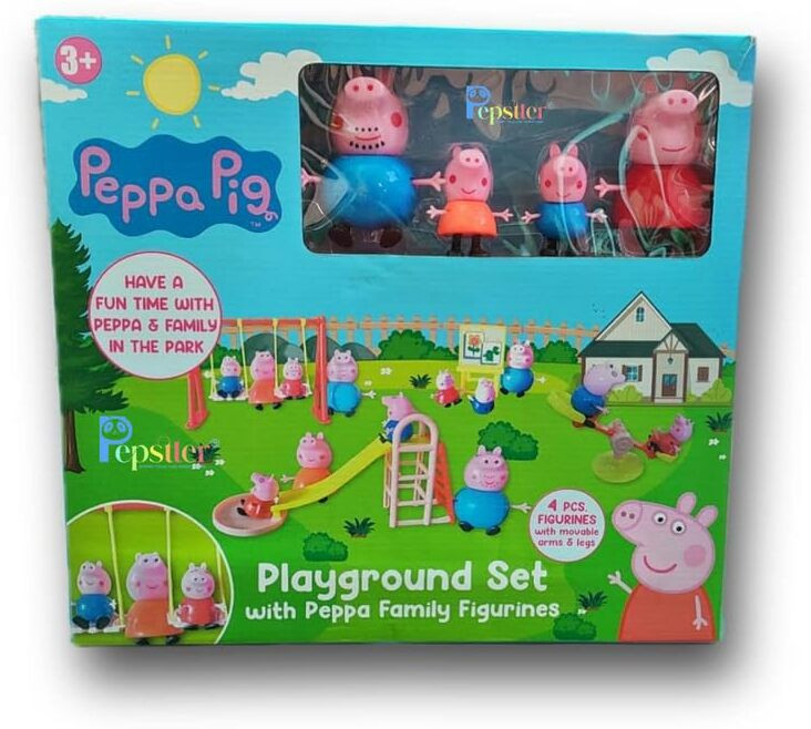 pepstter Piggy Pig Playground Set with Pig Family Figurines Slide Swing See-Saw Easel Set image 1