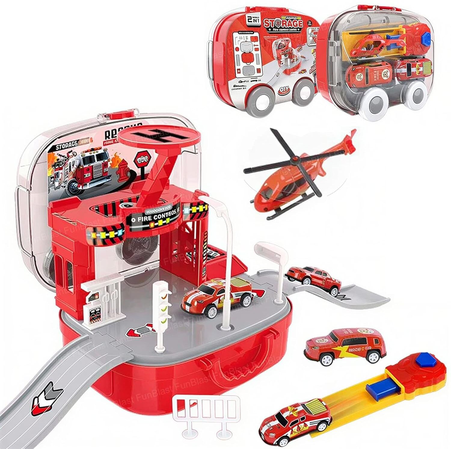 Fire Truck Racing Track Toy with Carry Case & Mini Cars for 3+Years Kids-image-13