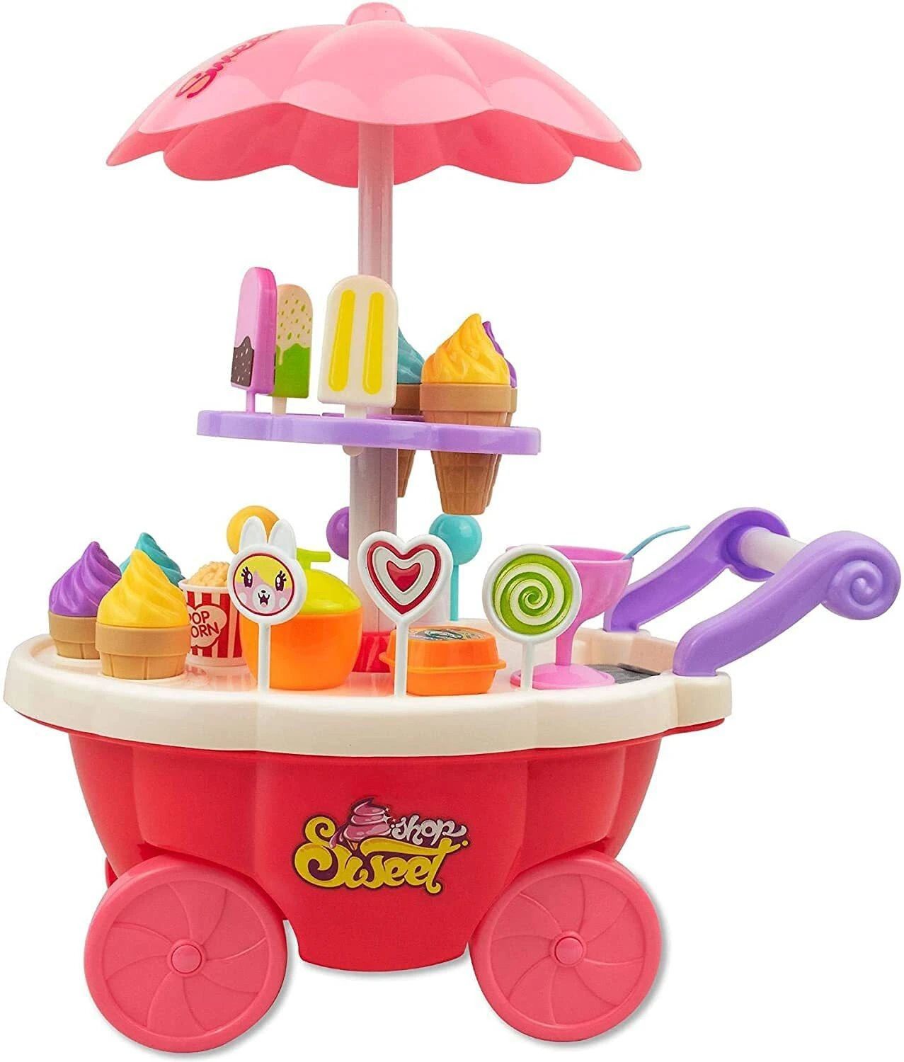 himanshu tex 39 Pcs Ice Cream And Candy Flavours Luxury Yellow Cart Sweet Shop with Light and Music Toy For Kids-picture-21