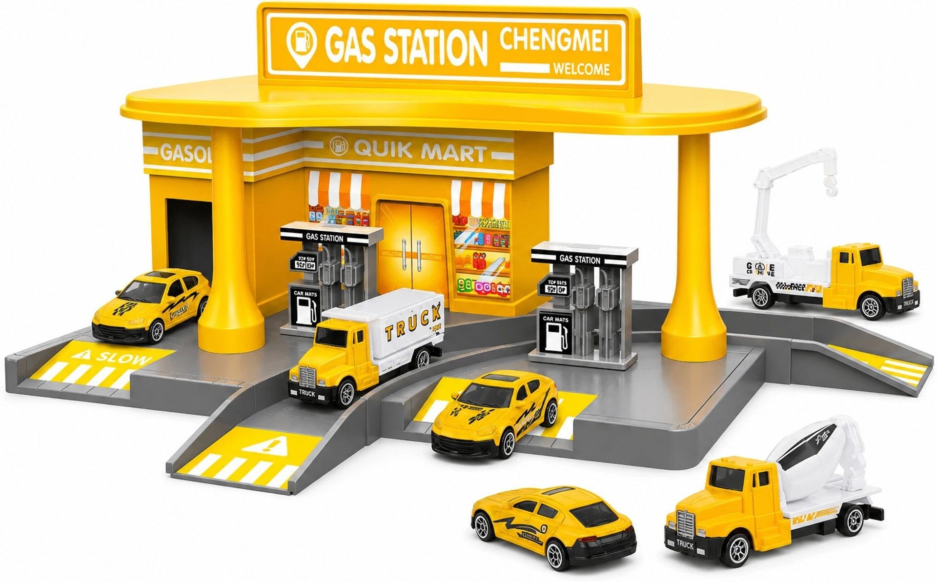Yellow Gas Station with Cars & Trucks ,Toy Fuel Station Garage, Petrol Pumps-image-12