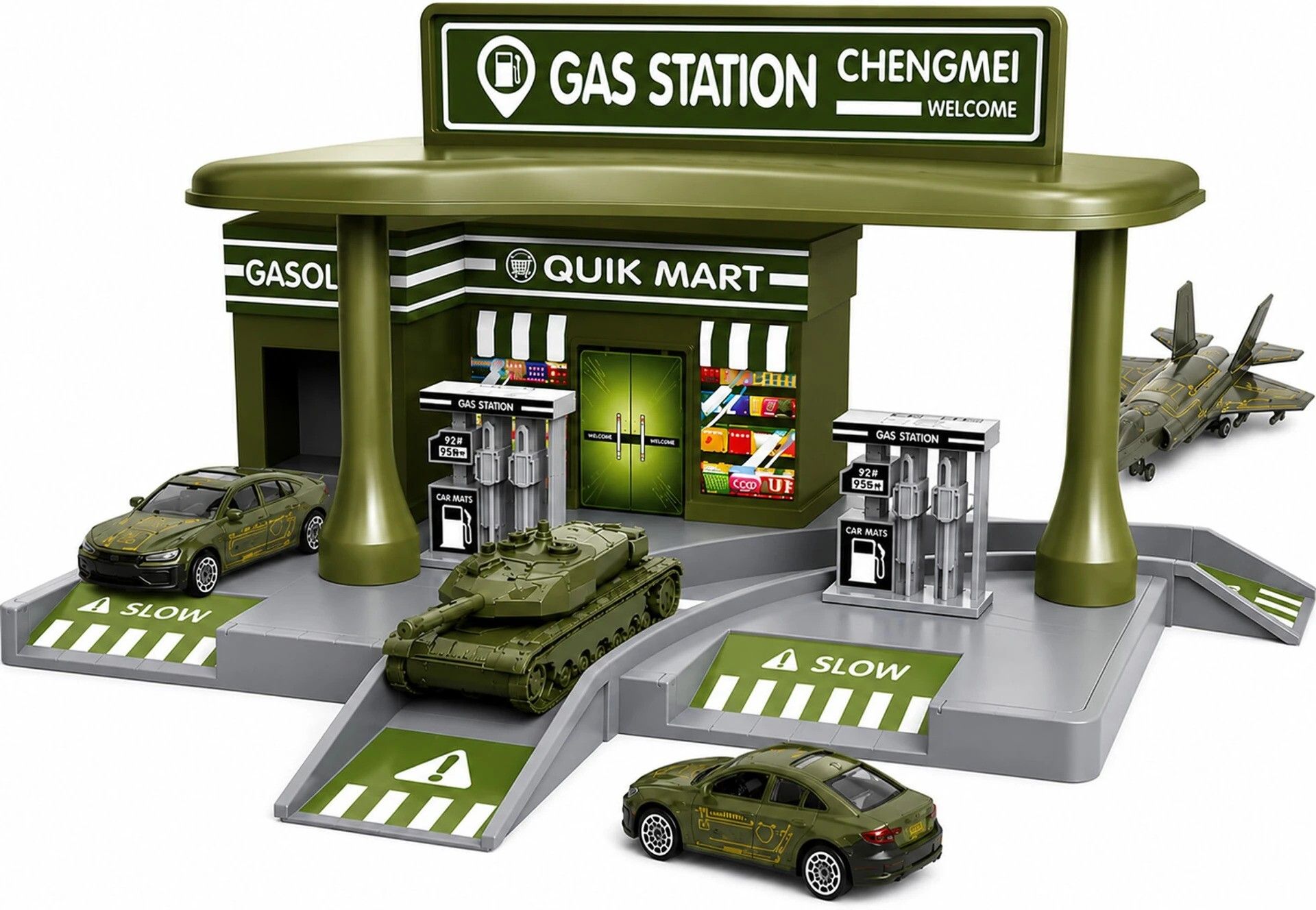 Gas Station Military with Cars, Tank & Fighter Jet,Mini Mart, Fuel Pumps & Track-image-44